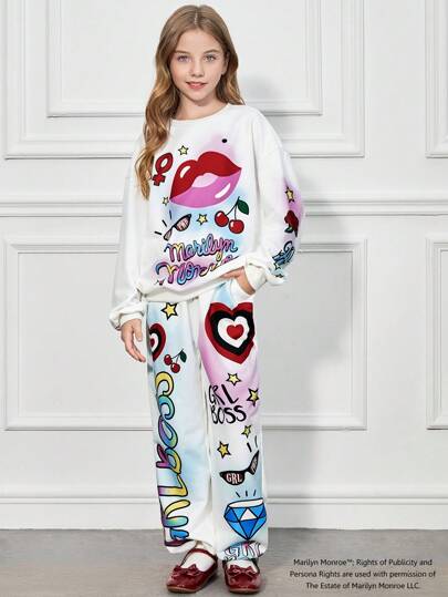girls-sets Marilyn Monroe X  طقم بناطيل جوكر مزين وبلوزة كنزة بيضاء مريحة للفتيات المراهقات مع طباعة الحرف و الشفاه والفاكهة والوردة 2 قطعة