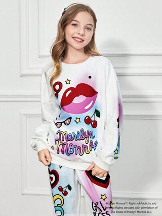 girls-sets Marilyn Monroe X  طقم بناطيل جوكر مزين وبلوزة كنزة بيضاء مريحة للفتيات المراهقات مع طباعة الحرف و الشفاه والفاكهة والوردة 2 قطعة
