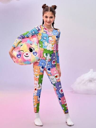 بيجاما X Care Bears جمبسوت نوم وملابس منزلية كاجوال مصنوعة من الحياكة الملونة بطباعة الشمس والقلب على شكل دب كرتوني للفتيات المراهقات