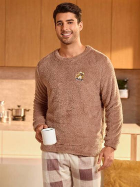 Manfinity Underwear&Sleepwear Basics طقم ملابس منزلية مريحة للرجال مكون من 2 قطعة، ملابس علوية بياقة طاقم وأكمام طويلة وبنطلون طويل، لون أحادي، مناسب للخريف والشتاء