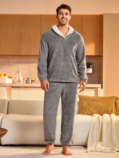 Manfinity Underwear&Sleepwear Basics مجموعة بيجامة رجالية من قطعتين، بياقة شال وأكمام طويلة وبنطلون، ملابس شتوية دافئة وناعمة