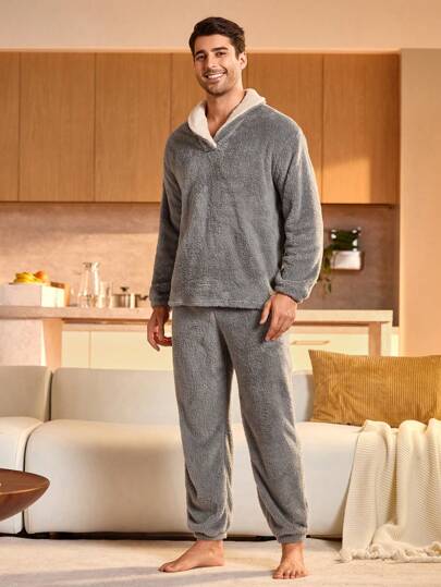 Manfinity Underwear&Sleepwear Basics مجموعة بيجامة رجالية من قطعتين، بياقة شال وأكمام طويلة وبنطلون، ملابس شتوية دافئة وناعمة