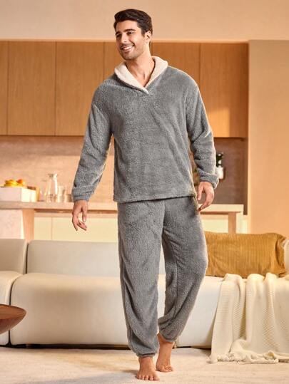 Manfinity Underwear&Sleepwear Basics مجموعة بيجامة رجالية من قطعتين، بياقة شال وأكمام طويلة وبنطلون، ملابس شتوية دافئة وناعمة