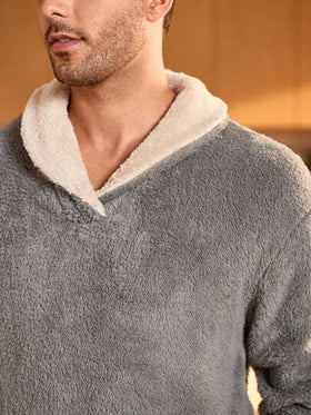Manfinity Underwear&Sleepwear Basics مجموعة بيجامة رجالية من قطعتين، بياقة شال وأكمام طويلة وبنطلون، ملابس شتوية دافئة وناعمة