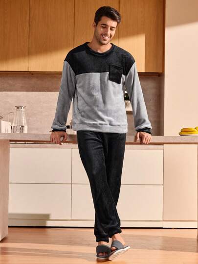 Manfinity Underwear&Sleepwear Basics مجموعة بيجامة رجالية من قطعتين (ملابس علوية بياقة طاقم وبنطلون) ذات لون متباين، أكمام طويلة وجيب، ملابس منزلية دافئة وناعمة للخريف والشتاء