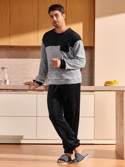 Manfinity Underwear&Sleepwear Basics مجموعة بيجامة رجالية من قطعتين (ملابس علوية بياقة طاقم وبنطلون) ذات لون متباين، أكمام طويلة وجيب، ملابس منزلية دافئة وناعمة للخريف والشتاء