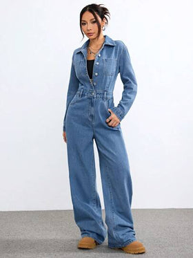 SHEIN EZwear معطف وبدلة قماش جينز مغسول كاجوال للسيدات لفصلي الخريف والشتاء ذو أكمام طويلة