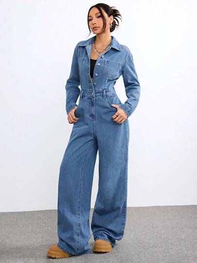 SHEIN EZwear معطف وبدلة قماش جينز مغسول كاجوال للسيدات لفصلي الخريف والشتاء ذو أكمام طويلة