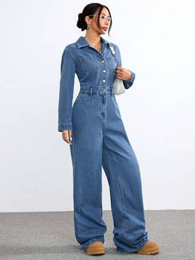 SHEIN EZwear معطف وبدلة قماش جينز مغسول كاجوال للسيدات لفصلي الخريف والشتاء ذو أكمام طويلة