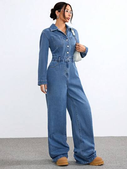 SHEIN EZwear معطف وبدلة قماش جينز مغسول كاجوال للسيدات لفصلي الخريف والشتاء ذو أكمام طويلة