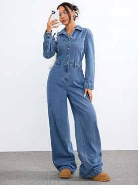 SHEIN EZwear معطف وبدلة قماش جينز مغسول كاجوال للسيدات لفصلي الخريف والشتاء ذو أكمام طويلة