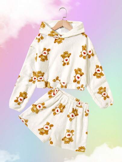 girls-sets X Care Bears مجموعة قطعتين من البلوزة ذات القلب والدب بقلنسوة والشورت للفتيات المراهقات