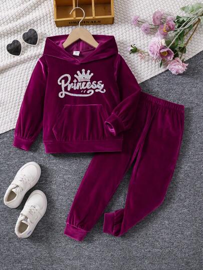 SHEIN Elladie kids طقم ملابس رياضية مريحة للفتاة الصغيرة بكنزة مزودة بقبعة والتي لها أكمام طويلة 2 قطعة، خريفي