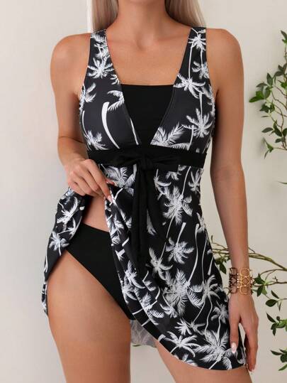طقم تانكيني حريمي Swim Lushoire ملابس علوية كامي رياضي نسائي علوي ذو طبعة أشجار النخيل العشوائية للصيف