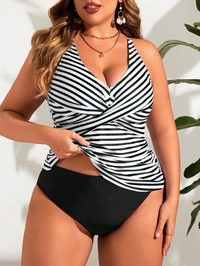 Swim Lushoire بيكيني كريس كروس أربطة رفيعة بلا ظهر مخطط، خاص بالمقاسات الكبيرة، للصيف