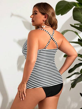 Swim Lushoire بيكيني كريس كروس أربطة رفيعة بلا ظهر مخطط، خاص بالمقاسات الكبيرة، للصيف