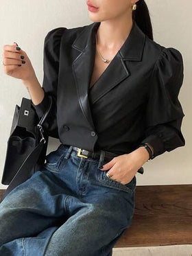 DAZY قميص كاجوال للنساء بأكمام منتفخة وأزرار، لفصلي الربيع والخريف، أكمام طويلة، ملابس للعودة إلى المدرسة، ملابس نسائية للخريف