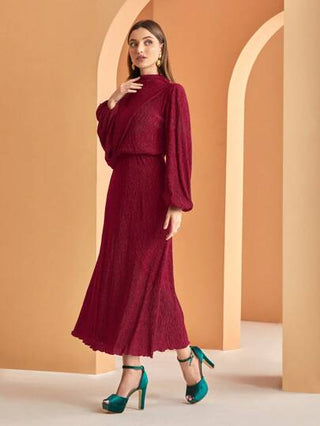 Modelyn فستان طويل أنيق للسيدات، باللون الأحمر البرغندي ، تصميم أكمام فوانيس طويلة، فساتين مسائية طويلة للربيع والخريف