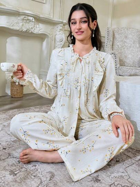 FloralLove طقم ملابس علوية رقبة ربطة وبنطلون بطباعة نسيج فقاعي، مجموعة بيجامات لموسم العطلات، رائعة بتفاصيل زهرية وأنيقة للخريف والشتاء
