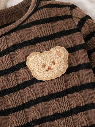 طقم ملابس علوية وبنطلون مخطط ملون مطرز بدب للأولاد الرضع، رياضي كاجوال للاستخدام اليومي والخارجي، 2 قطعة
