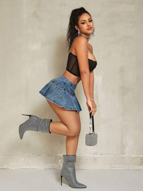 SHEIN SXY تنورة جينز صغيرة مطوية بشكل عشوائي كاجوال صيفية