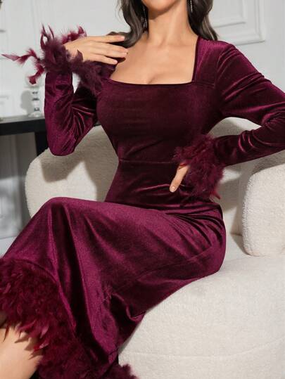 Modelyn فستان طويل حريري أكمام طويلة ياقة مربعة لمناسبات المساء