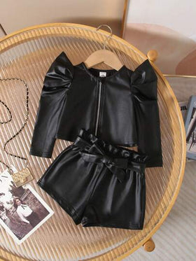 SHEIN طقم جاكيت وشورت مصنوع من جلد البو أسود للفتيات الصغيرات بأكمام غيغوت، 2 قطعة, خريف وشتاء
