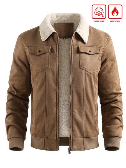Manfinity Homme معطف رجالي مبطن بفرو صناعي، معطف دافئ بياقة، جاكيت بأكمام طويلة للخروج، هدايا للأصدقاء والزوج والحبيب، للخريف والشتاء