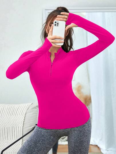 Yoga Basic بلوزة رياضية خفيفة الوزن بسحاب وقلنسوة بأكمام طويلة لون أحادي للربيع والخريف للنساء