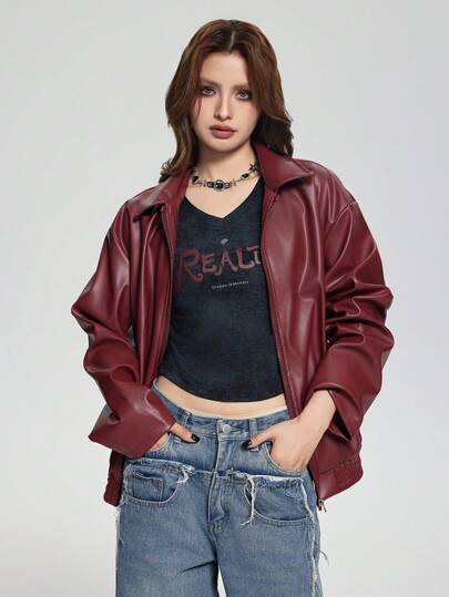 SHEIN جاكيت جلدية بياقة وسحاب بطراز بانك للنساء، خريف/شتاء