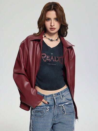 SHEIN جاكيت جلدية بياقة وسحاب بطراز بانك للنساء، خريف/شتاء