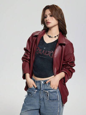 SHEIN جاكيت جلدية بياقة وسحاب بطراز بانك للنساء، خريف/شتاء