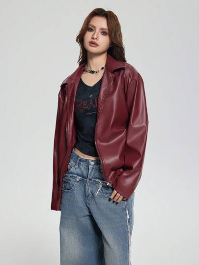 SHEIN جاكيت جلدية بياقة وسحاب بطراز بانك للنساء، خريف/شتاء