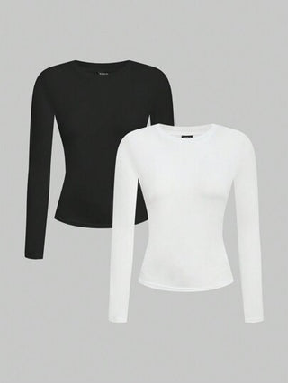 EZwear مجموعة 2 قطعة من البلوزات الطويلة ذات الأكمام الطويلة والقصّة المريحة، باللونين الأسود والأبيض، مناسبة للخريف والشتاء، ملابس رمضان