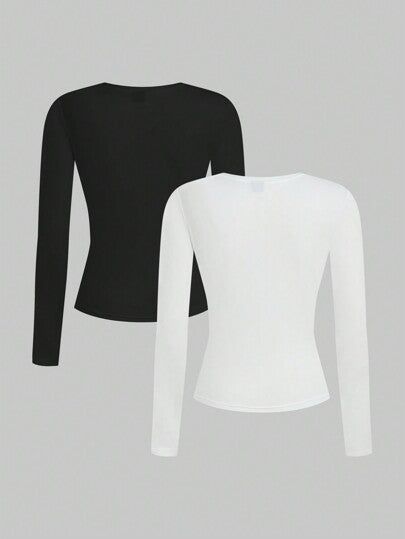 EZwear مجموعة 2 قطعة من البلوزات الطويلة ذات الأكمام الطويلة والقصّة المريحة، باللونين الأسود والأبيض، مناسبة للخريف والشتاء، ملابس رمضان