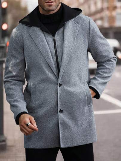 Manfinity Homme معطف طويل مبطن بياقة للرجال في فصل الخريف والشتاء مع جيوب، كاجوال