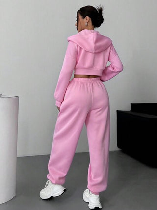 SHEIN EZwear مجموعة هودي قصيرة مزحلقة وبنطلون رياضي مريح للنساء من قطعة واحدة باللون الأساسي