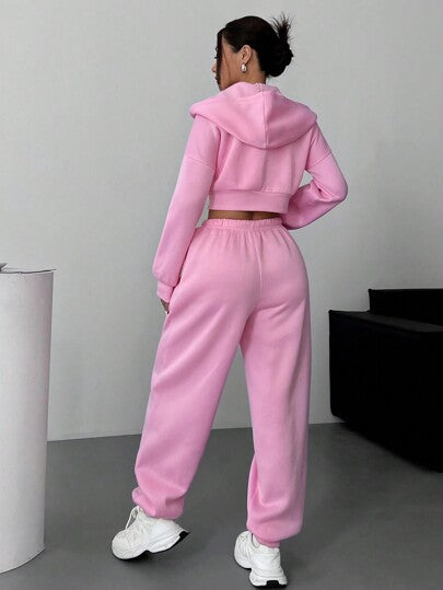 SHEIN EZwear مجموعة هودي قصيرة مزحلقة وبنطلون رياضي مريح للنساء من قطعة واحدة باللون الأساسي