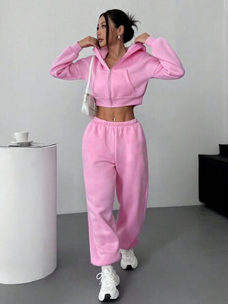 SHEIN EZwear مجموعة هودي قصيرة مزحلقة وبنطلون رياضي مريح للنساء من قطعة واحدة باللون الأساسي