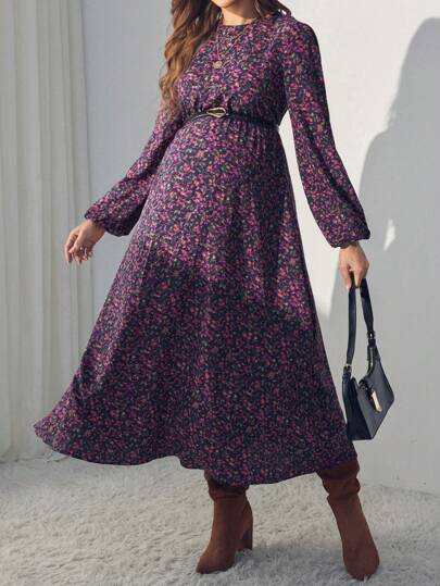 MaterniWear فستان طباعة زهرية بأكمام طويلة وياقة طاقم للحمل