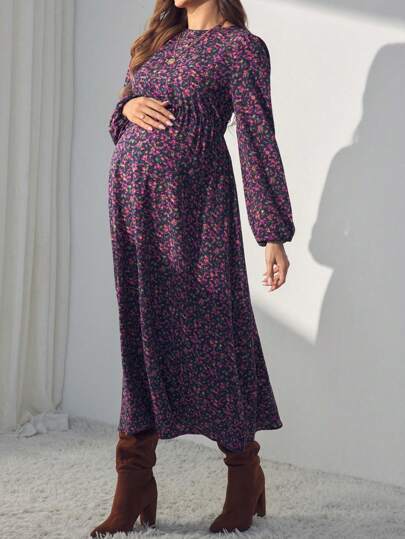 MaterniWear فستان طباعة زهرية بأكمام طويلة وياقة طاقم للحمل