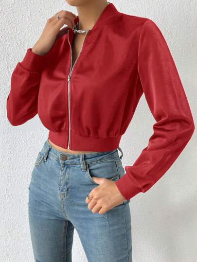 EZwear جاكيت قصيرة متفجرة ذات سحاب لون سادة للربيع