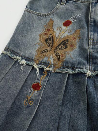ROMWE Hippie تنورة جينز عالية الخصر مطرزة بطراز رجعي مع تطريز اكسسوارات متوهجة بأشكال فراشات لطراز البوهيمي