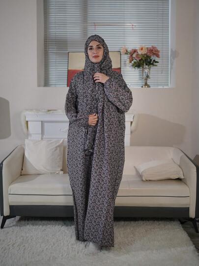 فستان صلاة طويل للنساء مريح ومنفذ للهواء ، أبايا عربي مطبوع مع شاور