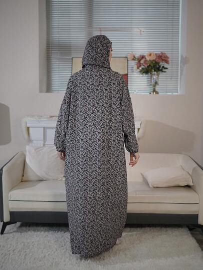 فستان صلاة طويل للنساء مريح ومنفذ للهواء ، أبايا عربي مطبوع مع شاور