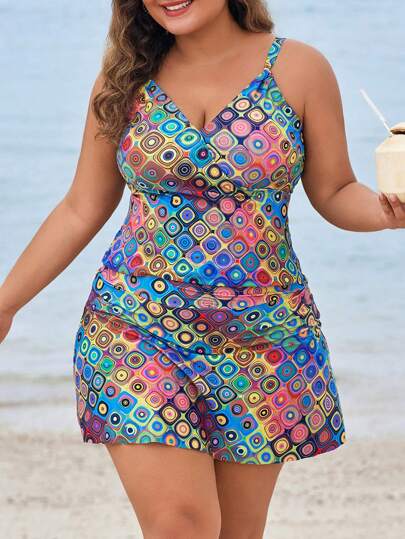 Swim Lushoire طقم ملابس علوية خزان وتنورة قصيرة طباعة كاملة بحجم كبير بشكل (عشوائي) للصيف - مجموعة مكونة من قطعتين