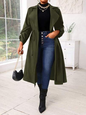 SHEIN Lady معاطف ترينش متوسطة الطول لارتداء الخروج للنساء، نصف دائري الحواف منسوج، أزرار أمامية، مناسب للموسم الخريفي والشتوي