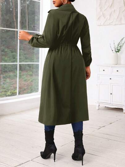 SHEIN Lady معاطف ترينش متوسطة الطول لارتداء الخروج للنساء، نصف دائري الحواف منسوج، أزرار أمامية، مناسب للموسم الخريفي والشتوي