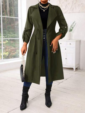 SHEIN Lady معاطف ترينش متوسطة الطول لارتداء الخروج للنساء، نصف دائري الحواف منسوج، أزرار أمامية، مناسب للموسم الخريفي والشتوي