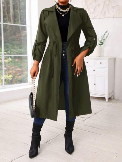 SHEIN Lady معاطف ترينش متوسطة الطول لارتداء الخروج للنساء، نصف دائري الحواف منسوج، أزرار أمامية، مناسب للموسم الخريفي والشتوي